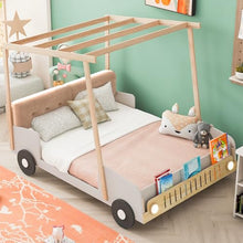 YOPTO Kids Car-Shaped Floor Bed with LED Lights & Magazine Holder Natural
