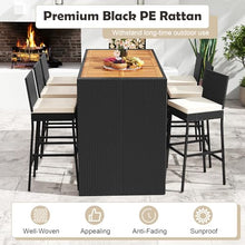 SPORFIT 7 Piece Patio Wicker Bar Set, Rattan Bar Stools Set for Bistro with Acacia Wood Tabletop & Seat Cushions, Outdoor High Top Table and Chairs for Backyard Garden Porch Poolside (73 Inch)