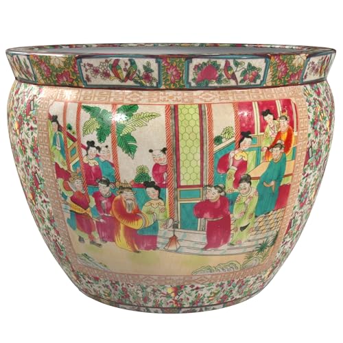 Red Lantern 20" Rose Medallion Porcelain Fishbowl Planter Rose Medallion