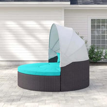 Modway Convene Wicker Rattan Outdoor Patio Retractable Canopy Round Poolside Sectional Sofa Daybed with Cushions in Espresso Turquoise