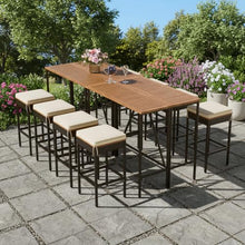 10-Piece Outdoor Bar Set with Acacia Wood Table and 8 Stools, Patio Dining Furniture with Removable Cushions, Foldable High-Dining Bistro Set for Backyard, Garden, Balcony, All-Weather Brown