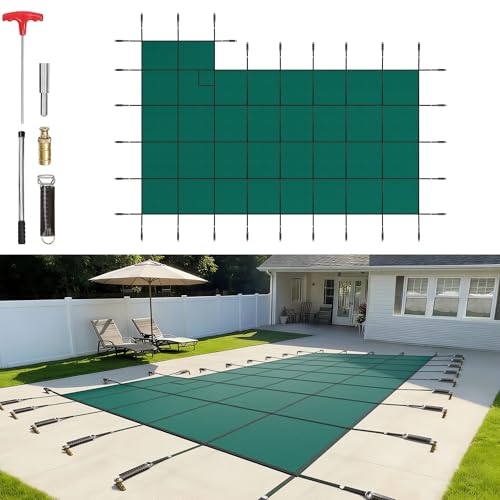 VEVOR Inground Pool Safety Cover Fits 18x36 ft Rectangular Pools with 4x8 ft Right End Step, Triple-Stitched High Strength Mesh PP, Great Rain Permeability, Installation Hardware Included