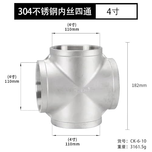 AARTERZZA 4" BSPT Female Cross 4 Ways 316 Stainless Steel Pipe Fitting Connector Splitter Water Gas Oil Pipe Fitting