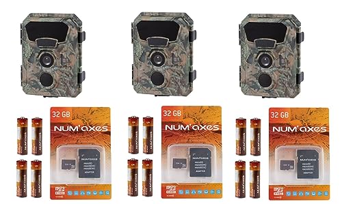 NUM'AXES All Inclusive Pack 3 x PIE1066-3 Outdoor Photo Traps PIE1066 + 12 AA Batteries + 3 Memory Cards 32 GB