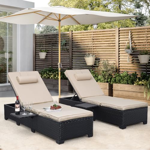 WAROOM Outdoor Chaise Lounge Chairs for Outside Patio Furniture Set of 2 Wicker Recliner Black Rattan Sunbathing Lounger Adjustable Backrest Pool Reclining Chair, Khaki Cushion