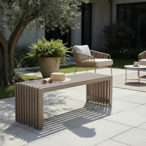 Homyee Sturdy Aluminum 2 Seater Garden Bench w/Slatted Seat Design for Backyard, 48" All Weather Outdoor Patio Bench w/Powder Coated Aluminum Frame for Porch, Deck, Lawn