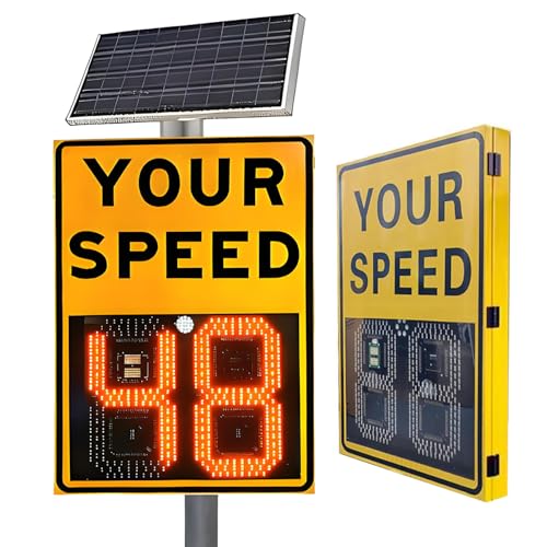 High-Visibility Solar Radar Speed Sign with Overspeed Light/Solar Panel, LED Speed Sign,Auto Red/Green Color Switch, 0–99/0–120 mph, > 1000m Visibility, Aluminu