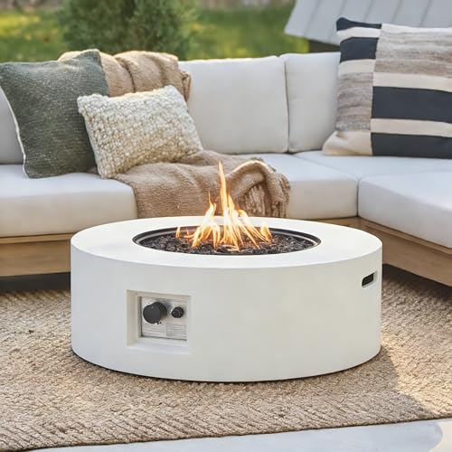 Christopher Knight Home Shila Outdoor Propane Fire Pit Table with Lava Rock, No Assembly MGO Tank Table for Patio/Deck, 50000 BTU, Round Tabletop Fire Pit Outdoor, Modern Patio Fire Table, White