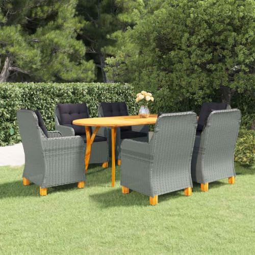 LPERTGFHU 7 Piece Patio Dining Set with Acacia Wood Table and 6 Rattan Chairs, Outdoor Garden Furniture Set for Backyard, Deck, and Poolside, Light Gray