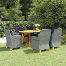 LPERTGFHU 7 Piece Patio Dining Set with Acacia Wood Table and 6 Rattan Chairs, Outdoor Garden Furniture Set for Backyard, Deck, and Poolside, Light Gray