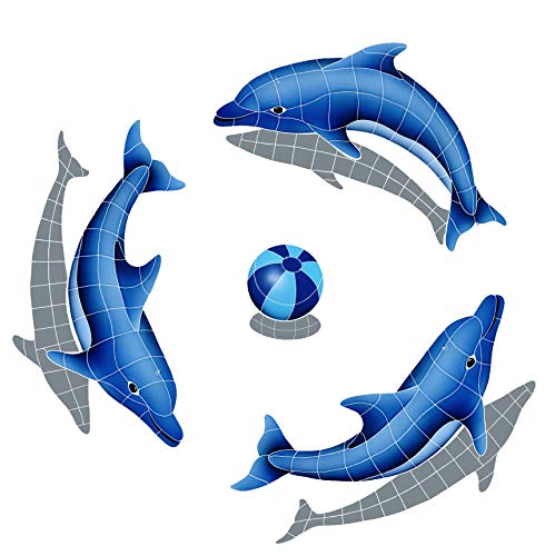 Dolphin Group Ceramic Swimming Pool Mosaic (Blue, 48" x 48" with Shadow)