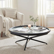 Aneis Coffee Table Black, Black Coffee Table, Modern Style, Tempered Rippled Glass Round Shape Tabletop, Fir Wood, Indoor Living, 39.4" W x 39.4" D x 15.7" H