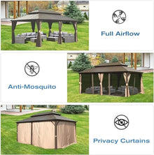 LOPOO Hardtop Gazebo Aluminum Pavilion with Double Roof Canopy, Curtains & Netting Brown