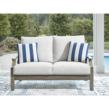 Signature Design by Ashley Rainier Ranch Outdoor Loveseat with Cushions and Pillows Light Brown & Light Gray