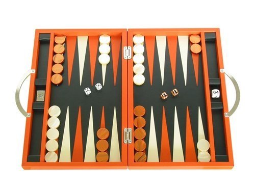 Zaza & Sacci Leather Backgammon Set 15" Luxury Travel Case Orange