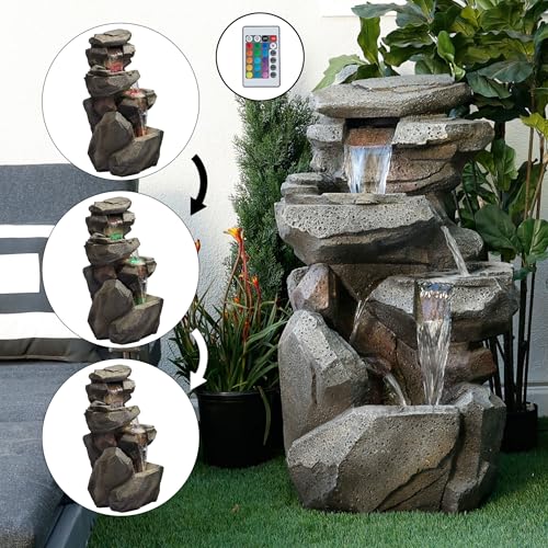Alpine Corporation 40" Tall Outdoor Multitiered Rock Waterfall Floor Fountain with LED Lights, Natural Stone Look, Cascading Water Feature for Gardens, Patios, and Yards, Gray