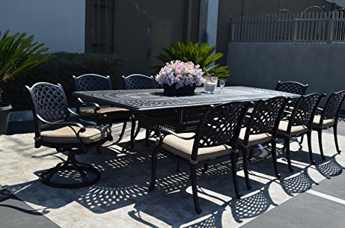 PatioLand Nassau Outdoor Patio 11pc Dining Set Extension 48" x 84"-108"-132" Cast Aluminum Dark Bronze (Sesame Cushions)