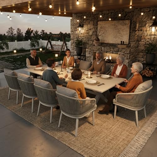 Aeeiua Outdoor Dining Table Set, 13 Piece Patio Rectangular Slat Table and Woven Rattan Chairs Dining Furniture Set for Outside Deck