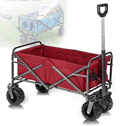 Collapsible Steel Frame Outdoor Utility Wagon, Portable Shopping Carts Wheelbarrow Collapsible Folding Utility Wagon with Removable Fabric Beach Wagon Cart for Outdoors Activities, Camping (red)