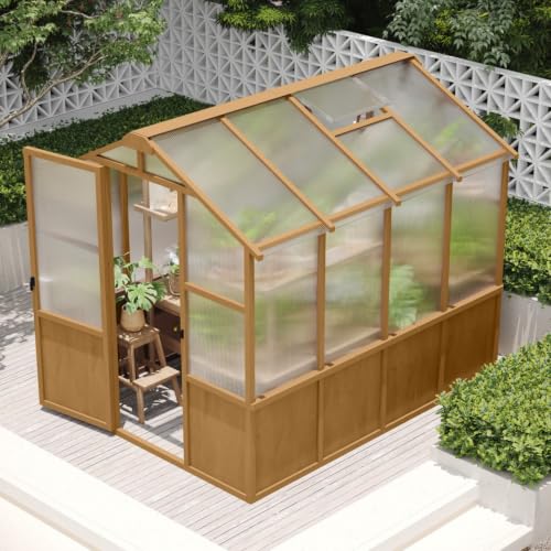 Wooden Walk-in Greenhouse with Lockable Door and Adjustable Roof Vents for Lawn, Backyard, Outdoor Green House with Thick Polycarbonate Panel for Fruits, Plants, Flowers (Wood)