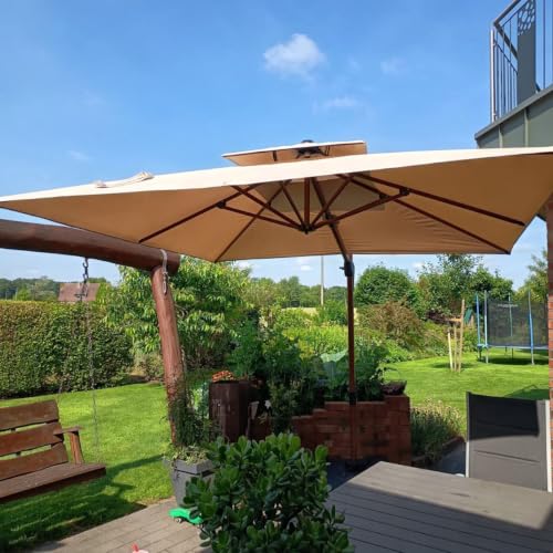 12FT Square Wood Pattern Cantilever Umbrella With Wheeled Base,Beige