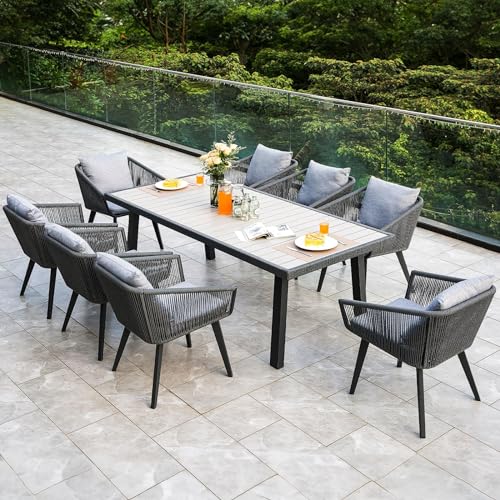 Astomi Outdoor Patio Dining Sets, 9 Pieces Rattan Patio Furniture Table and Chairs for 8 with Cushions, for Backyard, Balcony and Garden, Light Grey