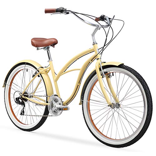 sixthreezero Women's 21-Speed Beach Cruiser Bicycle Cream w/ Brown Seat/Grips