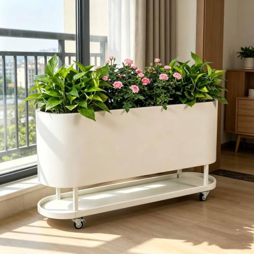 Dalumian Raised Planter Box, Elevated Raised Beds with Lockable Wheels, Indoor/Outdoor Plant Container w/Tray, Suitable for Patio, Garden, Porch(Off-White,120 * 30 * 60cm)