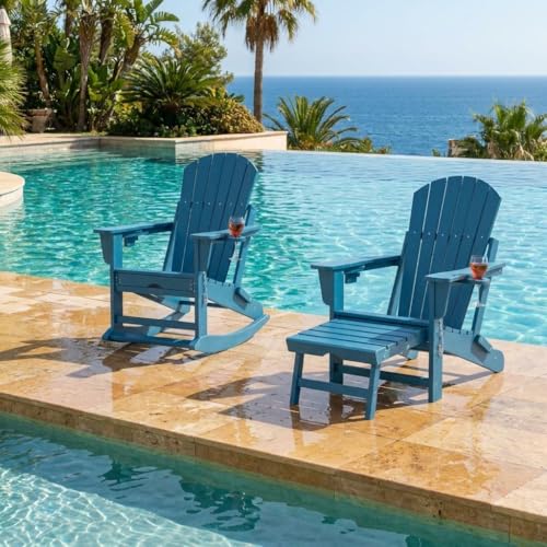 CABIHOME Outdoor Rocking Chair Set of 2,2 Pack Black,HDPE Adirondack Rocking Chair,Folding 4-in-1 Patio Rocking Chairs with Ottoman & Cup Holder,Heavy Duty Porch Rockers for Lawn Garden