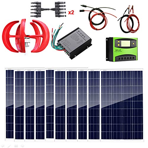 AUECOOR 1.4Kw Wind Solar Power: 10pcs 100W Poly Solar Panels &400W Wind Turbine Generator & Cable Connector Home Boat RV