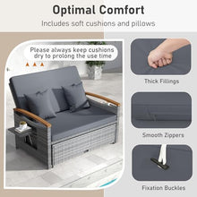 LDAILY Moccha Outdoor Wicker Daybed, Patio Rattan Loveseat Sofa w/ 4-Level Adjustable Backrest, Folding Panels, Storage Ottoman & Cushions, Lounge Furniture Set for Poolside Backyard Porch (Grey)