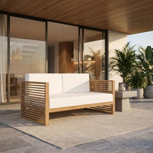 Outdoor Escape White Teak Wood Loveseat with Cushions, Durable Construction, Stylish Armrests, Comfortable Backrest for Patio Garden Porch Entertainment