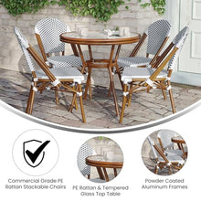 Flash Furniture Lourdes Indoor/Outdoor Commercial French Bistro Set - Tempered Glass Top Table - 4 Chairs - PE Rattan - NAT Bamboo Print Aluminum Frame - White/Navy