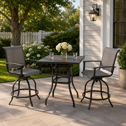 Kozyard 3-Piece Patio Bar Set, 2 Swivel Bar Chairs, Marble-Look Tabletop