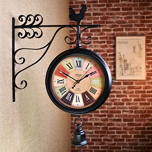 saditesdk Wall Clock, Double Sided Wall Clock Old Station Clock, Wrought Iron Design Retro with Bracket Station Clock Double-Sided Suitable Indoor and Outdoor Home Garden Kitchen Vintage Watch，C
