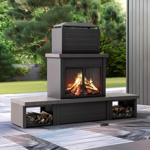 Sunjoy 76" Modern Outdoor Wood-Burning Steel Fireplace with Chimney, 2 Side Log Holders, Locking Mesh Doors, Removable Ash Pan, Poker and PVC Cover, Brown