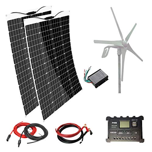 AUECOOR 2pcs 120W Mono Flexible Solar Panel + 400W 24V Wind Turbine + 20A Controller PV Connector 600W(640W) Hybrid System Kit for Home RV Caravan Boat and Other Battery Charger