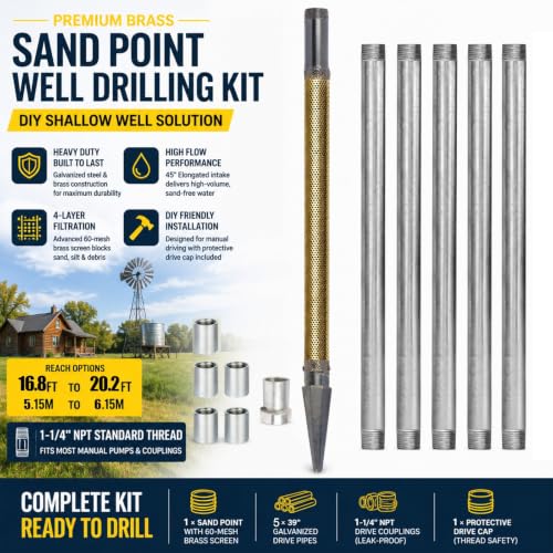 Biostatic Brass Sandpoint Water Well Kit, Heavy Duty 1-1/4 Inch NPT Copper Intake System, Eco Friendly Ground Extraction Hardware for Self Sufficient Homestead Lawn Irrigation(6.15 m (20.2ft) Kit)