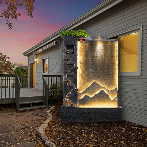 Large Outdoor Cement Water Fountain with LED Lights, Modern Garden Waterfall Feature for Patio, Courtyard, Backyard, Landscape, Commercial Decoration - 10FT Wide, 6.9FT Tall, 2-Piece Set(Left)