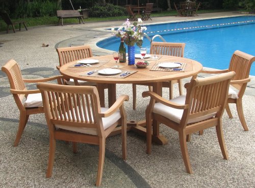 TeakStation 6 Seater Grade-A Teak Wood 7pc Dining Set: 60" Round Table and 6 Arbor Stacking Arm Chairs #TSDSAB3