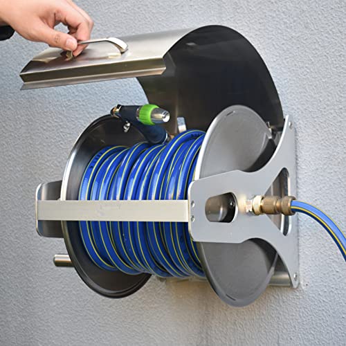 Fadiadem Wall/Floor Mount Garden Hose Reel with Hose, Outdoor Hideaway Storage Reel with Waterproof Cover, Multi-Purpose Stainless Steel Hose Reel with Sprayer Nozzle, Water Pipe Rack Hose Holder