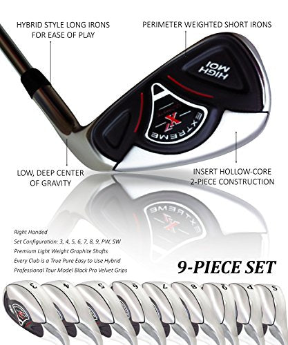 Extreme X7 High MOI Short Senior Men's Complete 9-Piece Iron Set (3-SW) Right Handed Senior Flex A Flex Club with Arthritic Grip