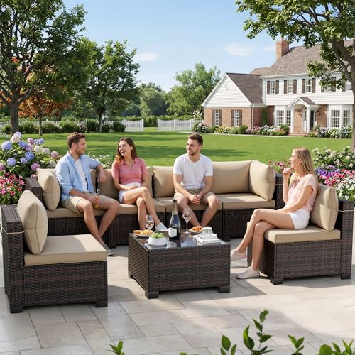 LEVELEVE 7 Pieces Outdoor Patio Furniture Sets,Rattan Conversation Sectional Set,Manual Weaving Wicker Patio Sofa with Tea Table