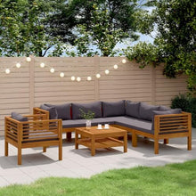 Jkghdrt 7-Piece Modular Acacia Wood Lounge Set with Removable Dark Grey Cushion Covers for Outdoor Relaxation and Flexible Seating Arrangements