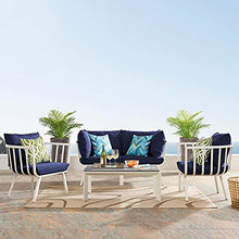 Lounge Sectional Sofa Chair Set, Aluminum, Metal, White Blue Navy, Modern, Outdoor Patio Cafe Bistro