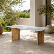 Modern Indoor/Outdoor Matte White 86.6" Rectangular Poly-Fiber Dining Table with Acacia Wood Legs