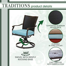 Hanover Traditions 7-Piece Outdoor Dining Set with 6 Blue Cushioned Wicker Back Swivel Rocker Chairs and Cast Table