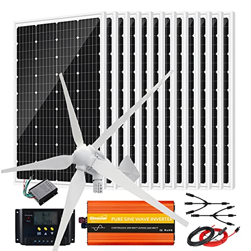 2440W 48V Solar Wind Hybrid System Solar Panel Kit with 1000W Wind Turbine Generator and 12pcs 120W Solar Panel and 3000W Power Inverter