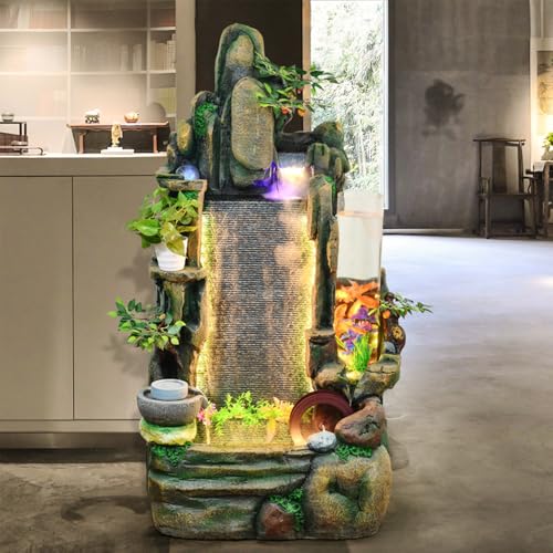 Chinese Mountain Wall Water Fountain with LED Lights and Planter Accents – Indoor/Outdoor Zen Waterfall Feature for Home or Garden Decor