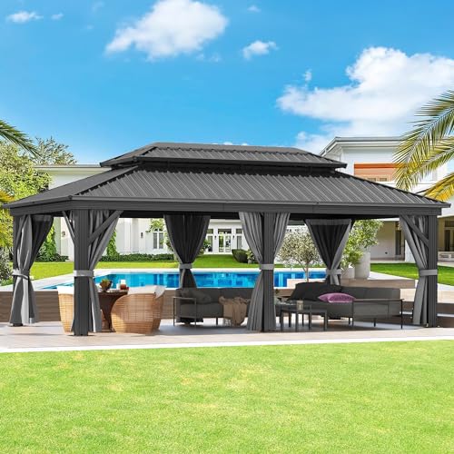 DWVO 12x20ft Hardtop Gazebo Double Roof with Nettings and Curtains Gray